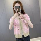 Short-sleeve Flower Cardigan Pink - One Size