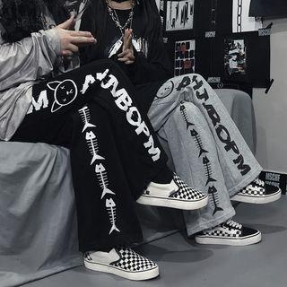 Fish Bone Print Wide-leg Pants