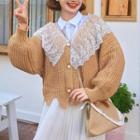 Lace Collar Chunky Knit Cardigan Khaki - One Size