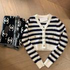 Striped Cardigan / Long-sleeve Button-up Knit Midi Dress