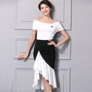 Color Panel Asymmetric Hem Midi Skirt