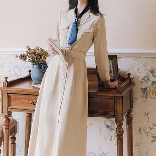 Set: Belted Midi A-line Shirtdress + Neck Scarf