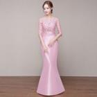 Elbow-sleeve Lace Panel Mermaid Evening Gown