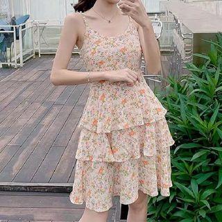 Spaghetti Strap Floral Tiered A-line Dress