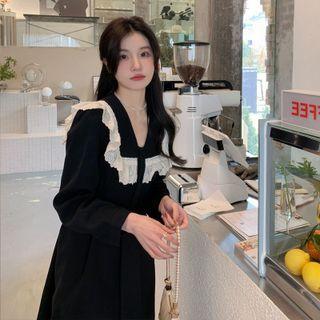 Lace Flower Trim Navy Collar Dress