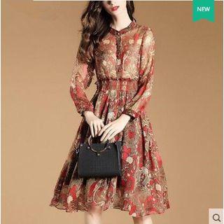 Long-sleeved Floral Print Stand Collar Slim Sheath Dress