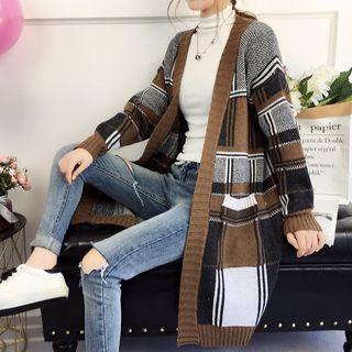 Plaid Open Front Long Cardigan