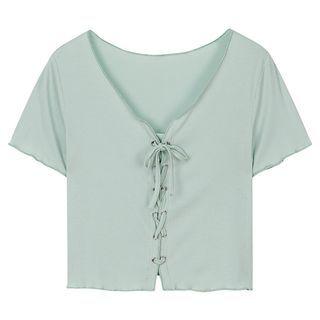 Short-sleeve V-neck Plain Tie-strap Cropped T-shirt
