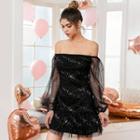 Off-shoulder Glitter Mesh A-line Dress