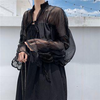 Ruched Chiffon Cardigan / Key-hole Sleeveless Dress