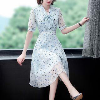 Floral Print Ribbon Elbow-sleeve Midi A-line Dress