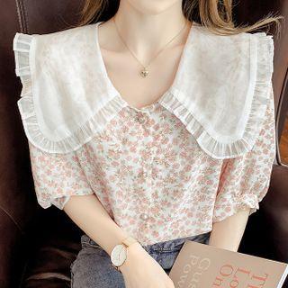 Puff-sleeve Ruffled-trim Peter Pan Collar Print Chiffon Shirt