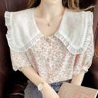 Puff-sleeve Ruffled-trim Peter Pan Collar Print Chiffon Shirt