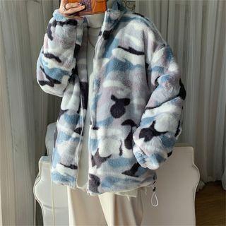 Stand Collar Camo Print Fleece Jacket