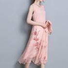 Set: Floral Embroidery Long Thin Jacket + Sleeveless Midi Dress