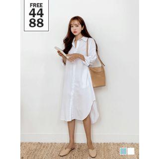 Drop-shoulder Pocket-side Midi Shirtdress