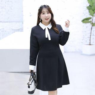 Tie-neck Two-tone Long-sleeve A-line Dress