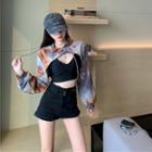 Mock Two - Long-sleeve Hoodie-deep V-neck Top Khaki - One Size