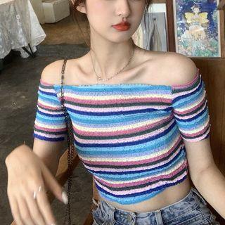 Short-sleeve Off-shoulder Striped Knit Crop Top