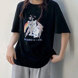 Rainbow Unicorn Print Round Neck Short Sleeve T-shirt