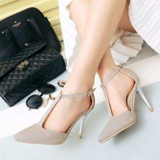 Glitter Accent T-strap Mid Heel Dress Pumps