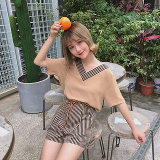Set: V-neck Elbow-sleeve T-shirt + Striped Wide Leg Shorts