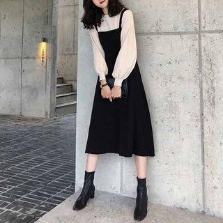 Puff-sleeve Mock Two-piece Midi Knit Dress