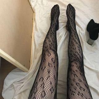 Printed Leopard Fishnet Tights Black - One Size