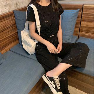 Short-sleeve Twisted Glitter T-shirt + Glitter Pants