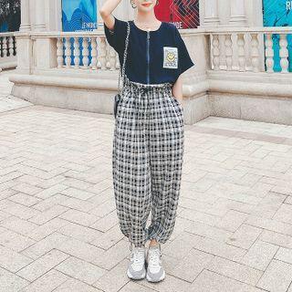 Elbow-sleeve Plaid Panel Straight-leg Jumpsuit