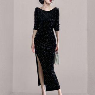 3/4-sleeve Rhinestone Midi Sheath Dress