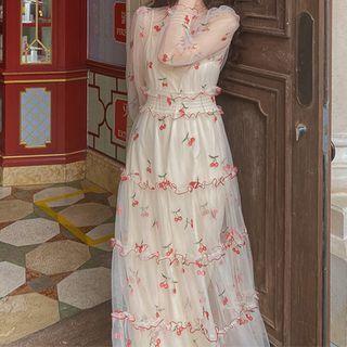 Set: Cherry Embroidered Mesh Midi A-line Dress + Slipdress