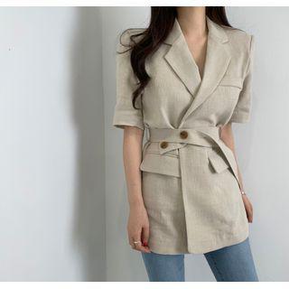 Short-sleeve Tie Waist Blazer Light Khaki - One Size