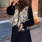 Long-sleeve Stand Collar Midi A-line Shirtdress / Floral Embroidered Sweater Vest