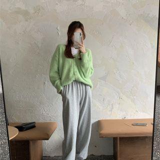 V Neck Plain Long-sleeve Cardigan / High Waist Plain Pants