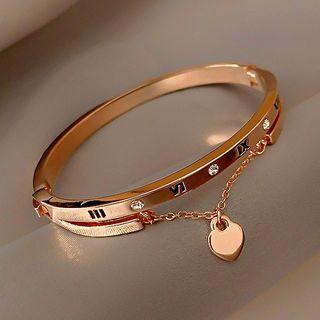 Roman Numeral Heart Layered Sterling Silver Bangle Bracelet - Rose Gold - One Size