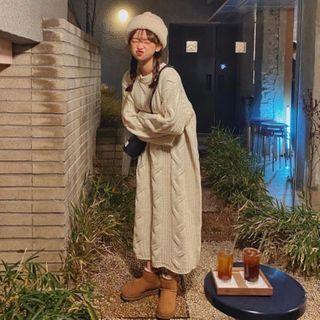 Plain Cable Knit Midi Sweater Dress Off-white - One Size