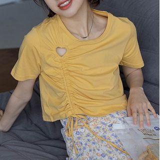 Short-sleeve Heart Cutout Drawstring Top