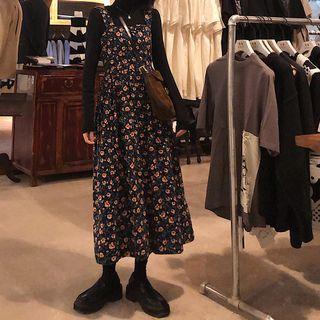 Mock-neck Long-sleeve T-shirt / Flower Print Midi Jumper Dress / Set