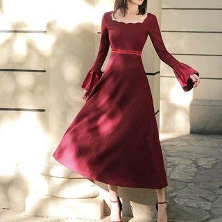 Bell-sleeve Dotted Midi A-line Dress