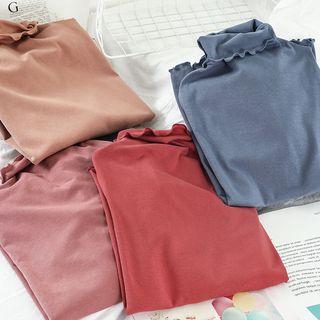 Long-sleeve Turtle-neck Frill-trim T-shirt