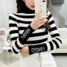 Long-sleeve Turtleneck Lettering Embroidered Striped Knit Top