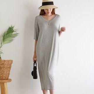 Drop-shoulder V-neck Long T-shirt Dress