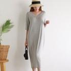 Drop-shoulder V-neck Long T-shirt Dress