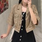 Elbow-sleeve Plaid Cropped Jacket