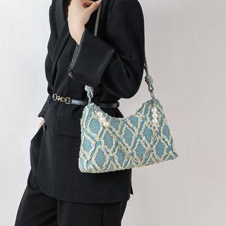 Faux Pearl Denim Shoulder Bag