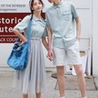 Couple Matching Pocket Detail Short-sleeve Shirt / Mesh Panel Short-sleeve Midi Dress