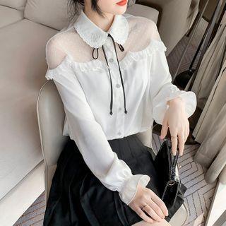 Peter Pan Collar Panel Mesh Ruffled-trim Shirt