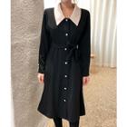 Contrast-collar Button-front Dress With Sash Black - One Size