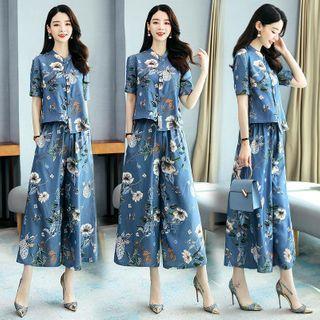 Set: Short-sleeve Floral Print Shirt + Cropped Wide-leg Pants